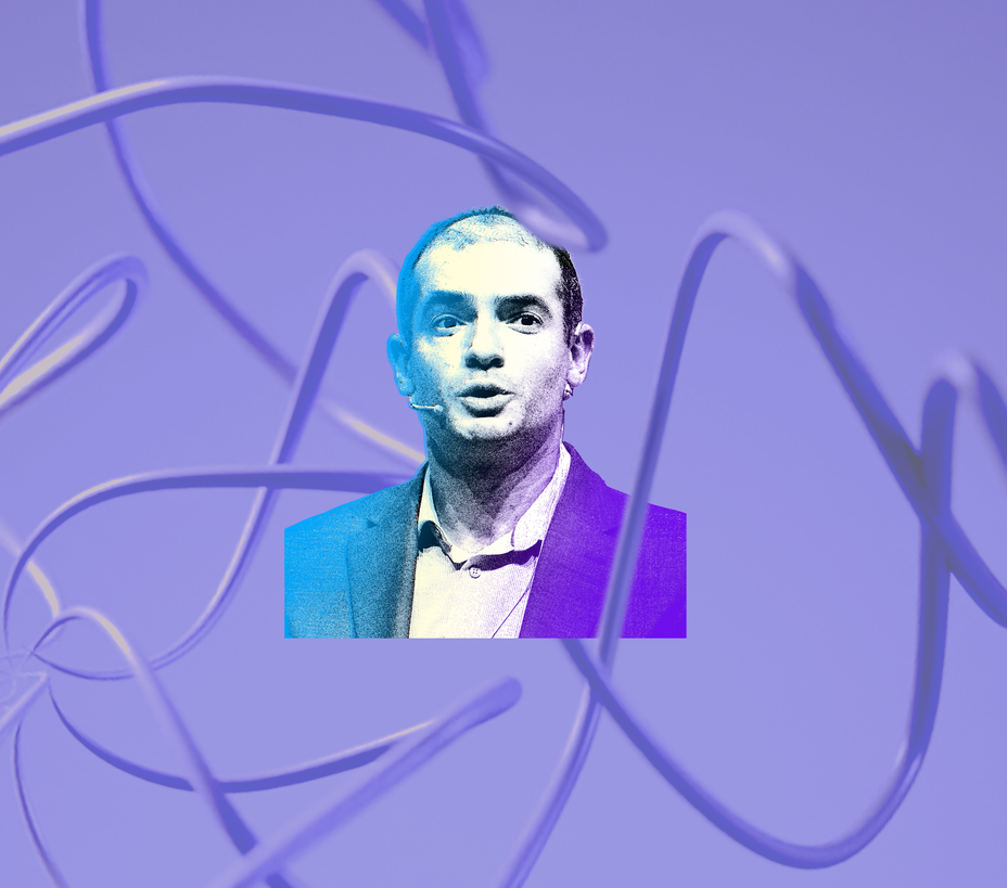 A photo illustration of Ilya Sutskever with abstract wires.