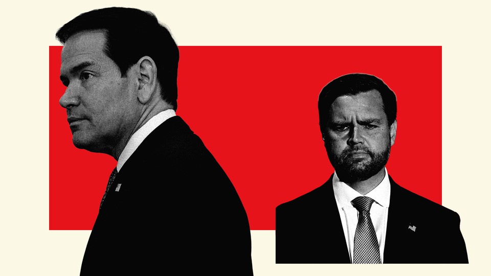 A collage of black-and-white photos of Marco Rubio and J. D. Vance with a red rectangle behind them
