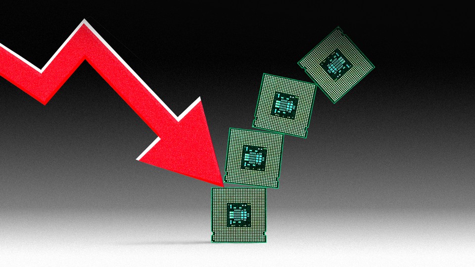 A downward stock-market arrow colliding with a stack of computer chips