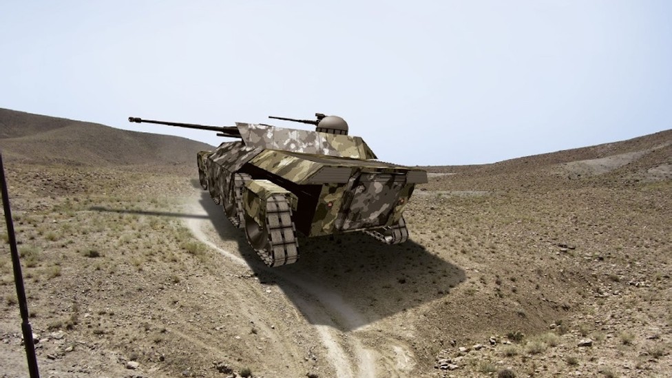 A rendering of a futuristic tank in a desert environment