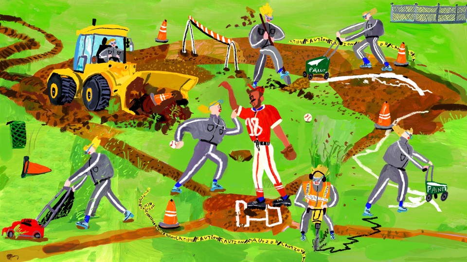 baseball diamond with a woman in tracksuit driving a bulldozer, mowing lawn, drawing different paint lines and digging holes.