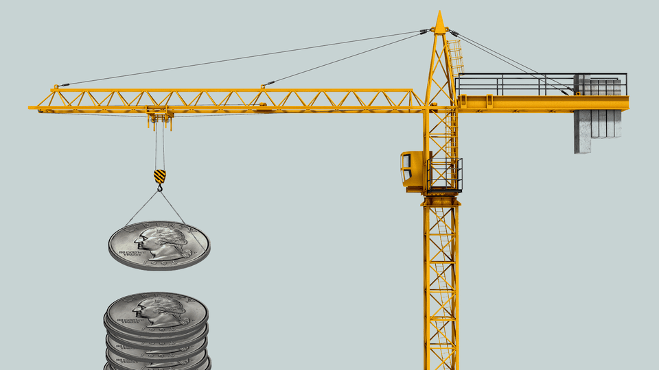 An illustration of a construction crane lifting coins.