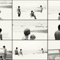 A grid of family photos, showing men, women, and children turned away from the camera at the beach