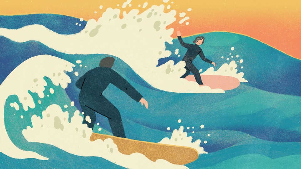 Illustration of a man and an older woman in wet suits surfing on waves. The man is in the foreground and faces the woman, who is waving to him.