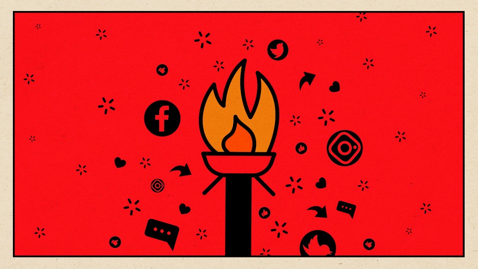 A torch surrounded by social media logos and symbols