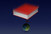 a book hovering over a globe with a British flag sticking out of it