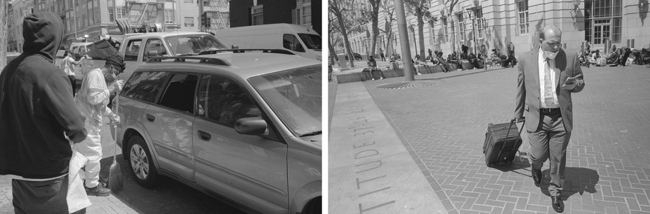 Diptych: people clean up after a car is broken into, a man lookiing at his phone walks by a group of homeless people.