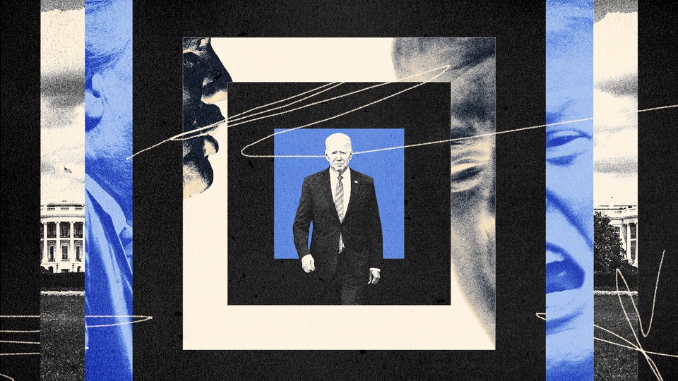 Joe Biden in a graphic of blue, white, and black concentric squares with Donald Trump's face looming