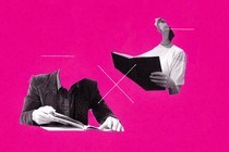 A girl reading a book, and a faceless man reading book
