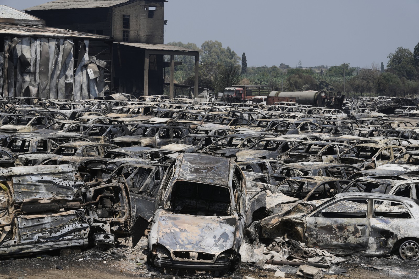 Many burned cars are seen at an impound lot.