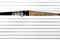Photo illustration of a hand opening some window blinds, with the Epstein files looming behind