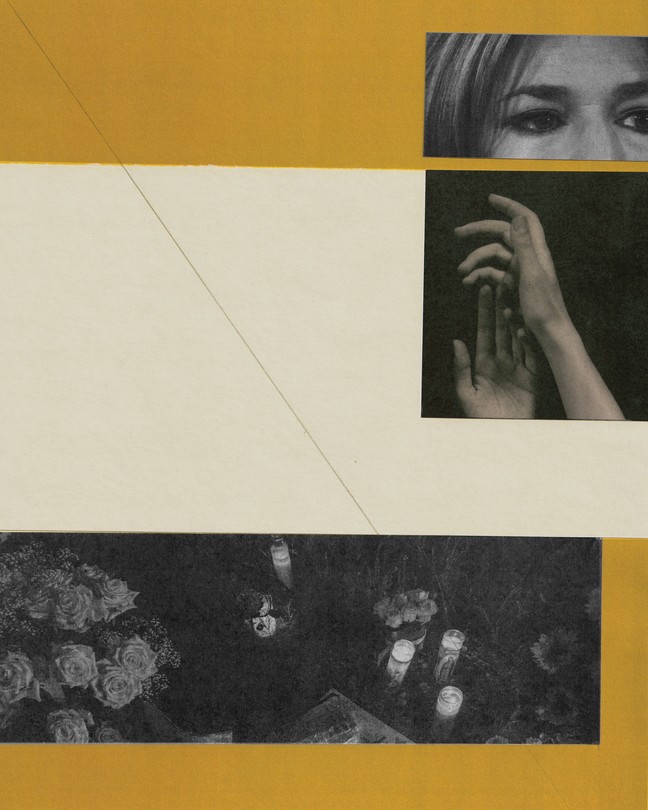 A photo illustration shows black and white images of eyes and hands on a yellow background