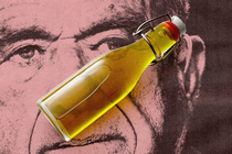 Pink-tinted portrait of RFK Jr. overlaid with a glass bottle of vinaigrette