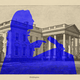 A blue silhouette of Kamala Harris speaking against the background of neoclassical Washington building