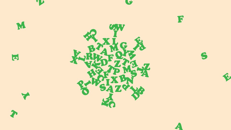 A coronavirus made of a jumble of green letters, with other letters scattered throughout the frame