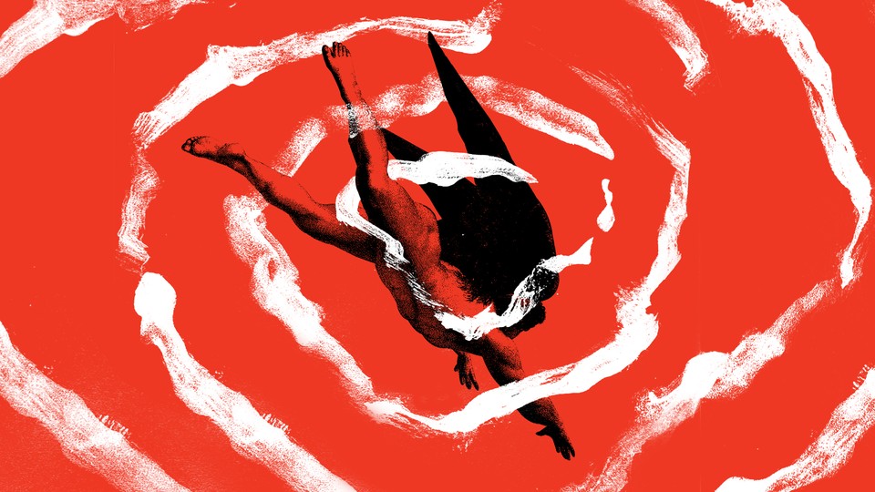 image of falling angel on red background surrounded by painted white spiral
