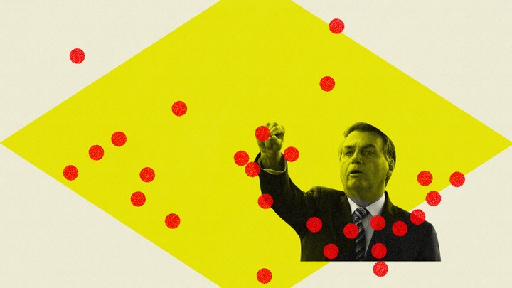 President Bolsonaro is pictured against a yellow backdrop with red dots around him.