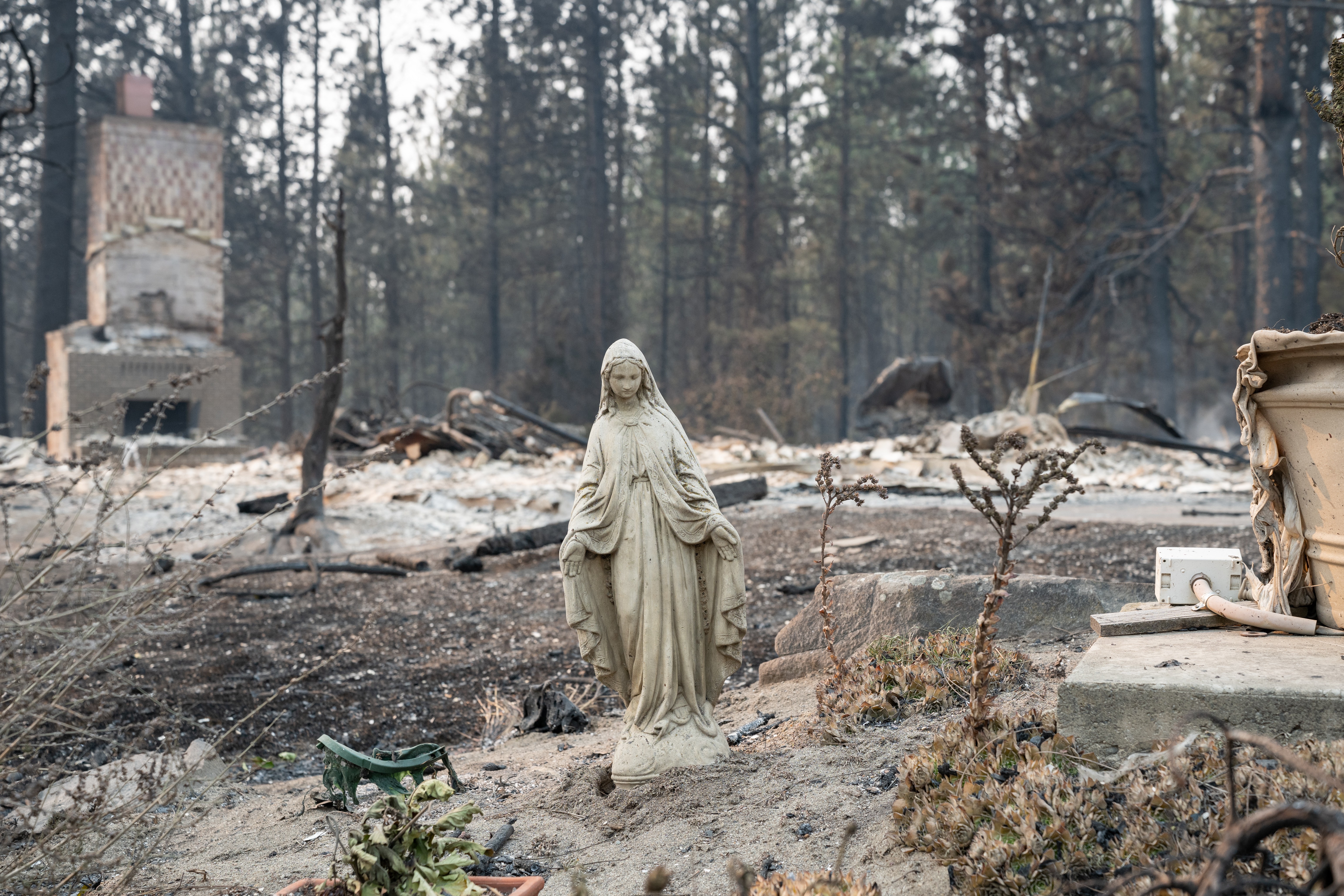 A relatively unscathed Virgin Mary statue stands in a burned-out neighborhood.