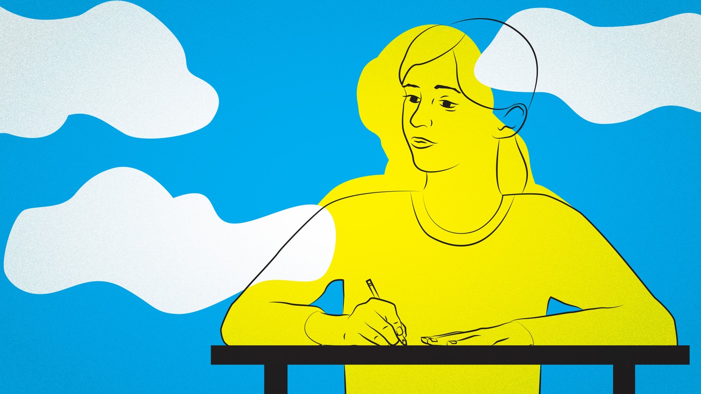 An illustration of a woman writing at a desk while floating among clouds.