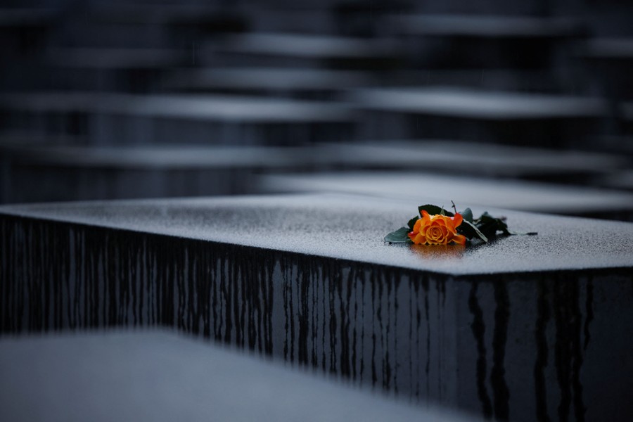 A flower lies on a concrete slab at a memorial.