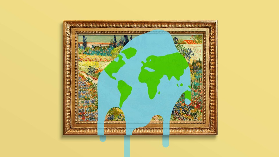 Illustration of a framed landscape painting with a splash of paint patterned like the Earth