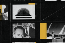 photo collage of black-and-white images from movies with nuclear mushroom cloud, missiles firing, maps, and mustard-yellow accents
