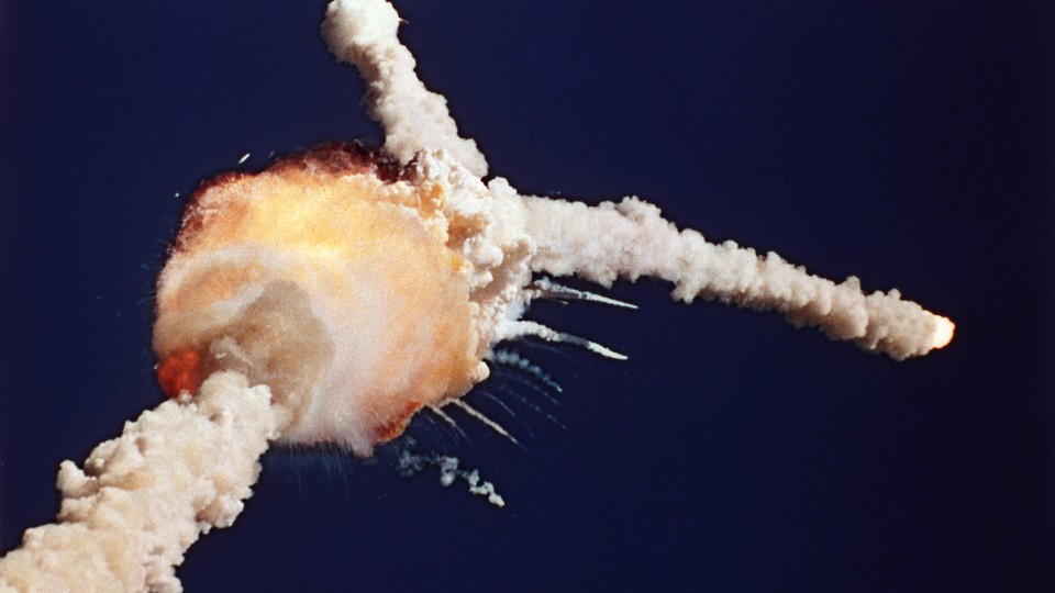 The space shuttle Challenger explodes after liftoff in 1986.