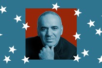 An image of host Garry Kasparov sits in the center of several stars shapes floating around him.