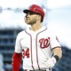 The Washington Nationals right fielder Bryce Harper reacts after being tagged out on a single in the third inning of a game against the Miami Marlins at Nationals Park