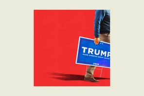Illustration of man holding Trump Make America Great Again sign exiting a red square surrounded by a beige background