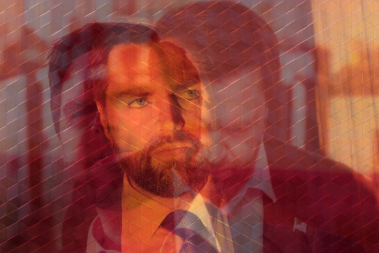 a collage of three different photos of Vice President J. D. Vance, with a red hue