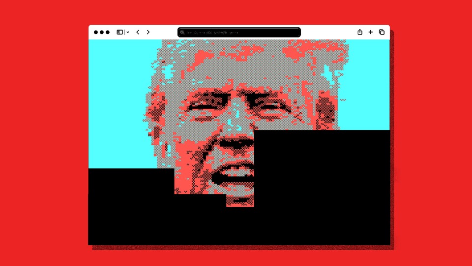 A browser window showing a pixelated image of Donald Trump