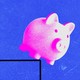Illustration of a pink piggy bank teetering on the edge of an overhang against a blue background