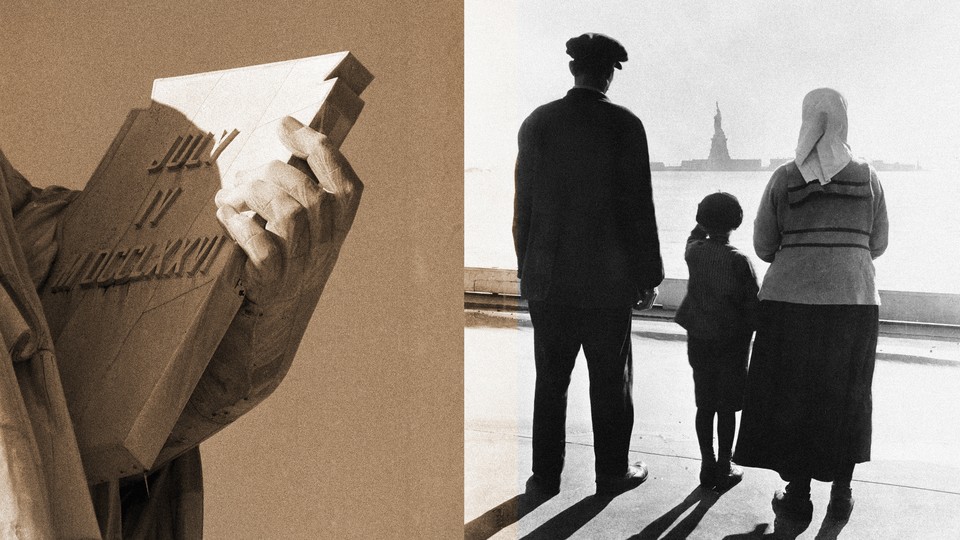 An image of a family with a child pointing at the Statue of Liberty in the distance next to a photo of the tabula ansata in Lady Liberty's hand.