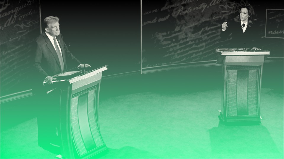 Donald Trump and Kamala Harris stand at debate podiums in a green fog.
