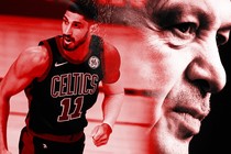 An illustration featuring photos of Enes Kanter Freedom and Recep Tayyip Erdoğan