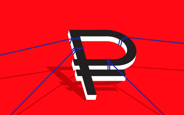 Illustration of a Russian ruble tied up in strings.