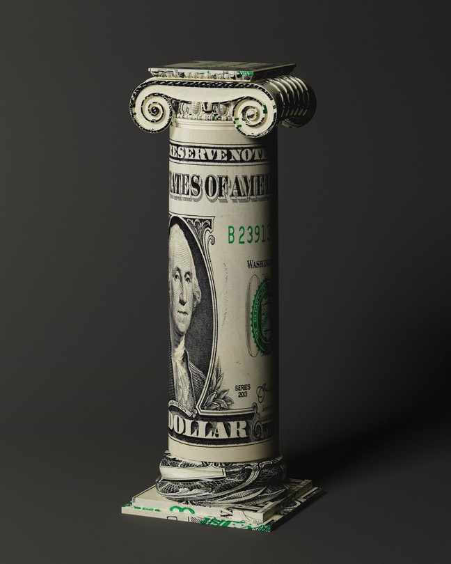 illustration of an ionic column made of a rolled dollar bill on gray background