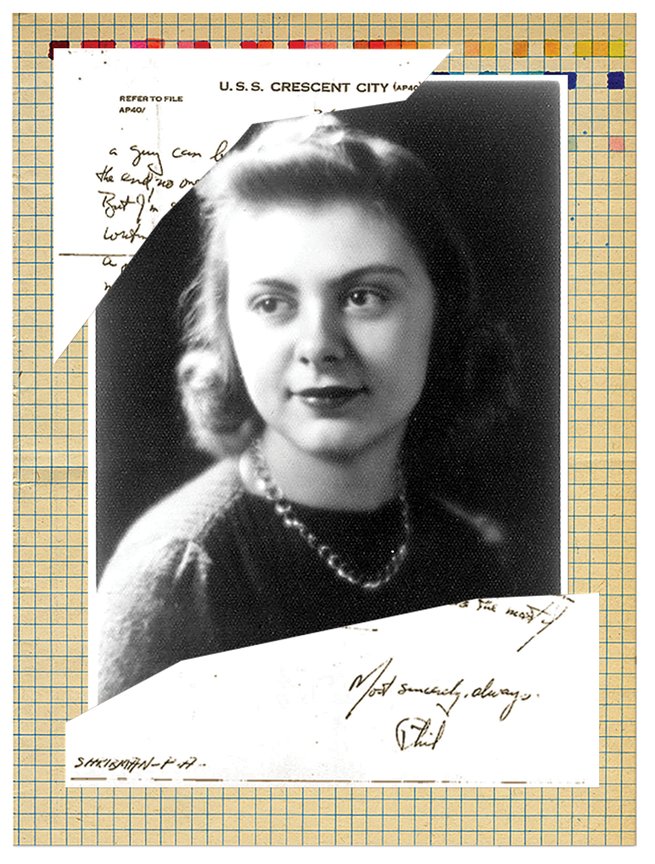 collaged photo-illustration of scraps of handwritten correspondence on Naval stationery with U.S.S. Crescent City; black-and-white photo of young woman from 1940s; aged and yellowed graph paper with some squares colored in