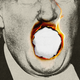 Black-and-white close-up image of Donald Trump speaking with the photograph burning a hole where Trump’s mouth is.