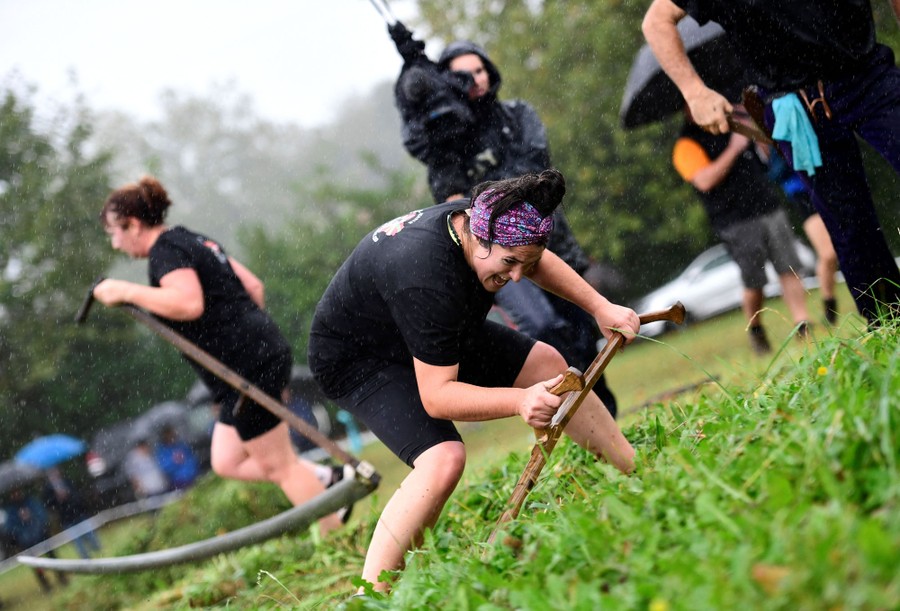Several people compete, cutting grass with scythes.
