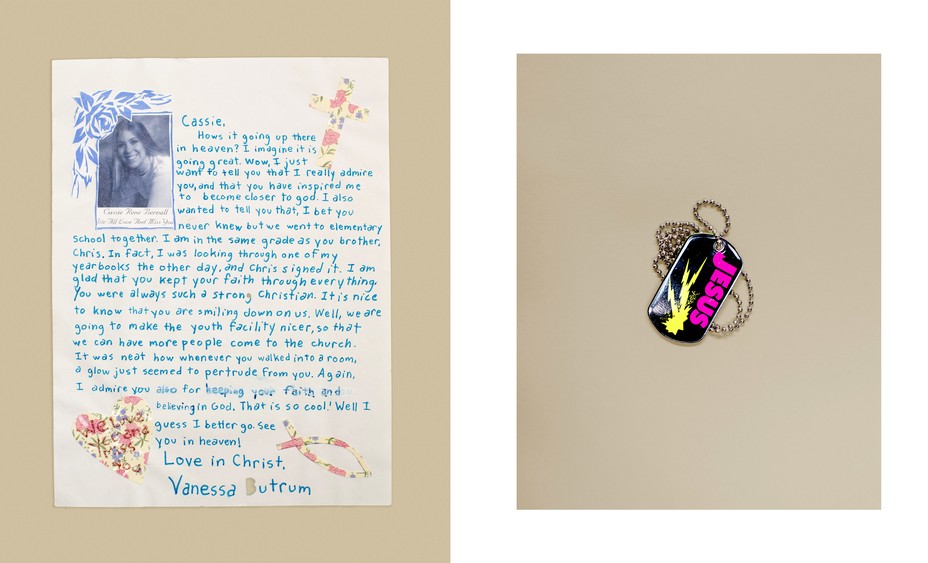 Diptych: a letter to a victim of school shooting ; a necklace with the word Jesus.