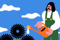 Illustration of a man wearing overalls using a watering can to water plants whose flowers look like gears