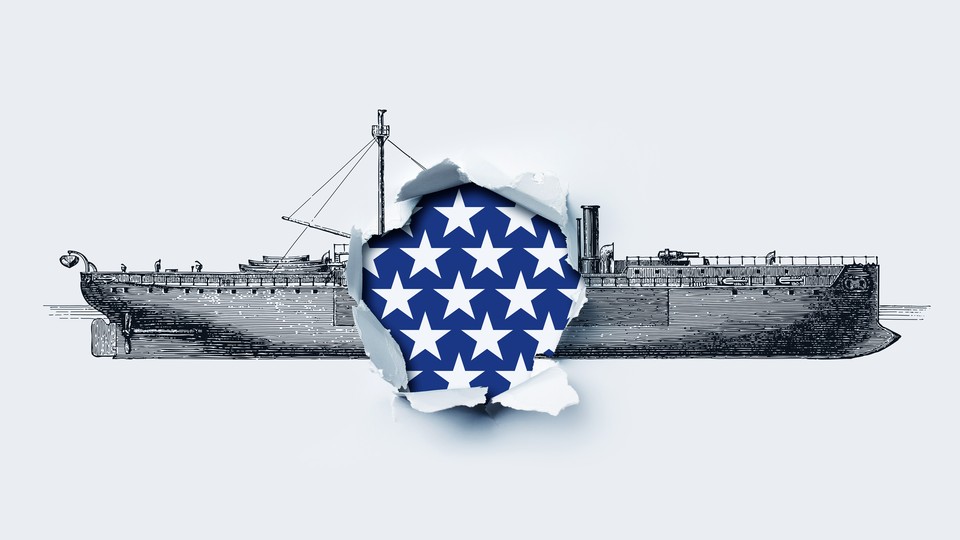 Illustration showing a paper drawing of a ship, but a circle pierced in the middle reveals the stars of the American flag