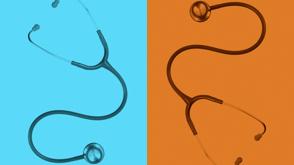 Two stethoscopes side by side, shaded in blue and orange