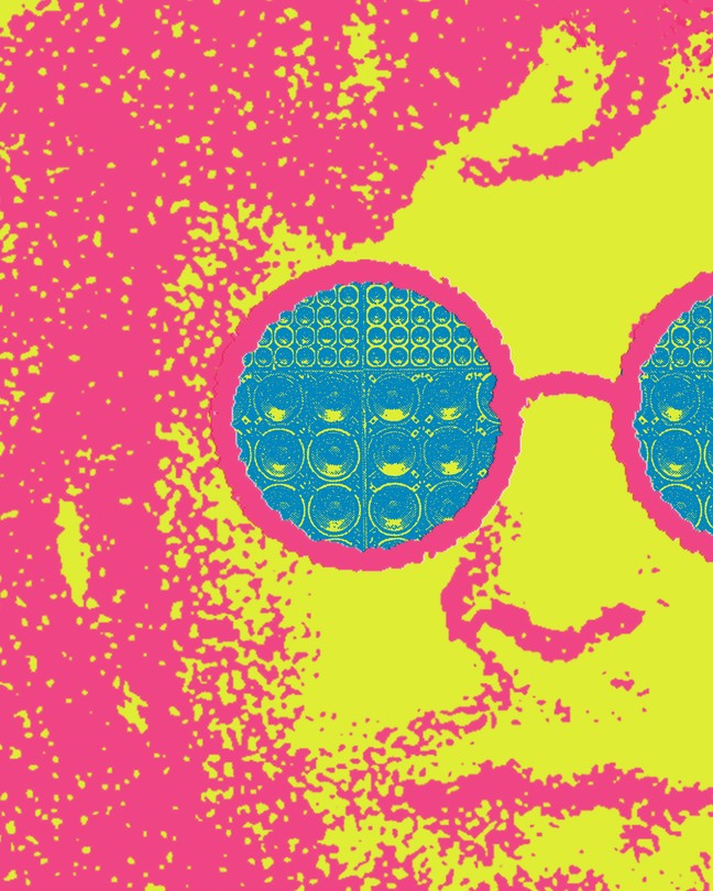 A psychedelic illustration of a man with speakers for eyes