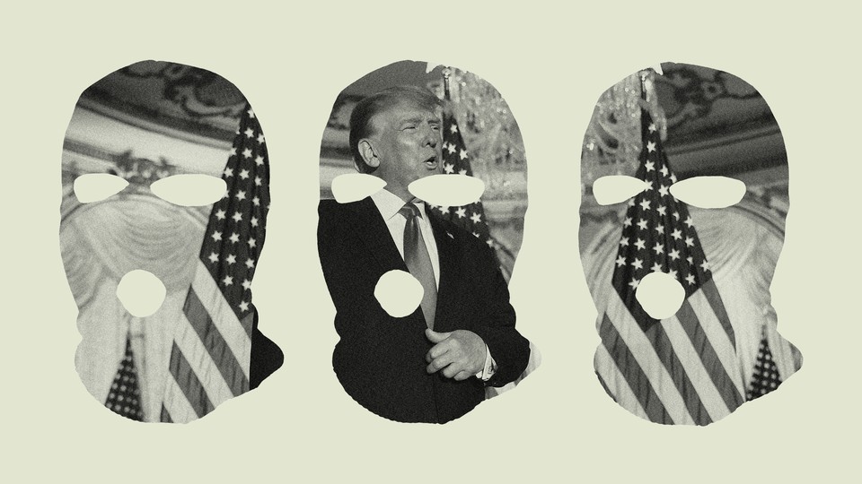 Cutouts of face masks over an image of Donald Trump