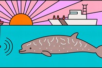 A large whale looks at a sound wave underwater while a boat sits on the surface.