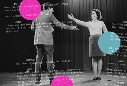Two people stand on stage acting with script text superimposed over the scene.