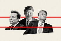 A collage of black and white photos shows Elon Musk, Xi Jinping, and Donald Trump, with one red line passing behind them and below.